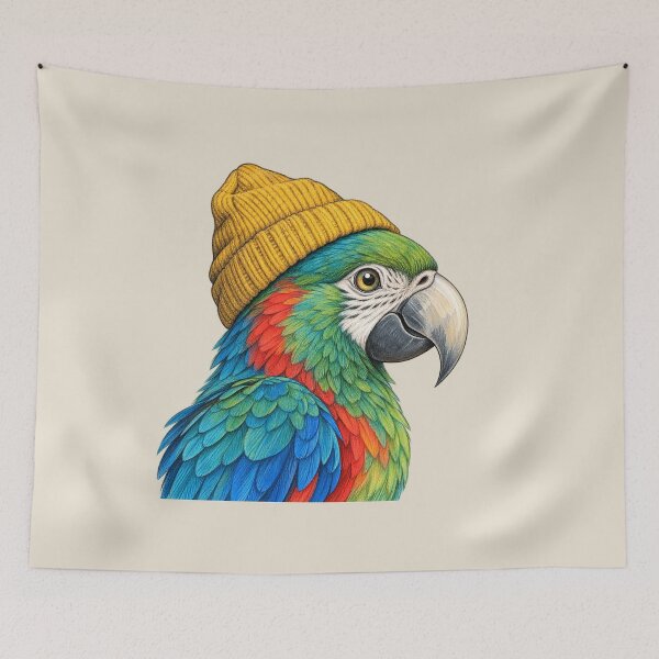 Item preview, Hipster Macaw Parrot in Knit Beanie Hat Streetwear Art designed and sold by lamiarte.