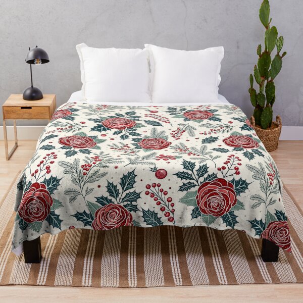 Item preview, Christmas Red Roses Holly Botanical Pattern designed and sold by Storybook Botanica.