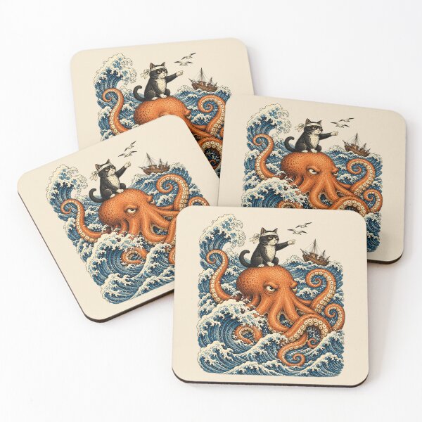Item preview, Black Cat Riding Octopus Japanese Woodblock Style Ocean Adventure designed and sold by AmiGraph.