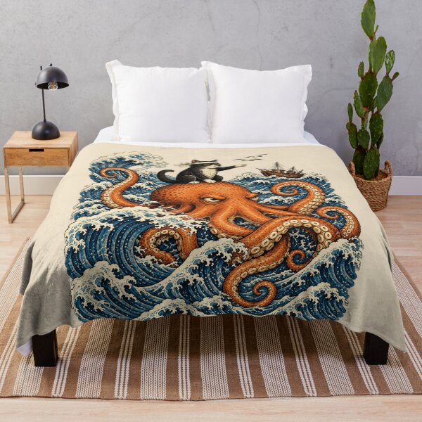 Item preview, Black Cat Riding Octopus Japanese Woodblock Style Ocean Adventure designed and sold by AmiGraph.