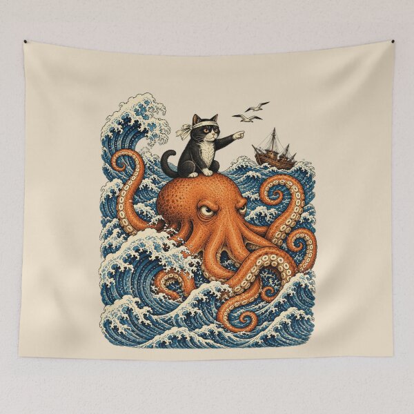 Item preview, Black Cat Riding Octopus Japanese Woodblock Style Ocean Adventure designed and sold by AmiGraph.