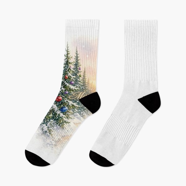 Item preview, Merry Christmas Watercolor Forest Path.Snowy Pine Trees with Ornaments. designed and sold by Deepsleepstudio.