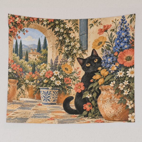 Item preview, Whimsical Black Cat in Colorful Flower Garden designed and sold by AppareIIndustry.