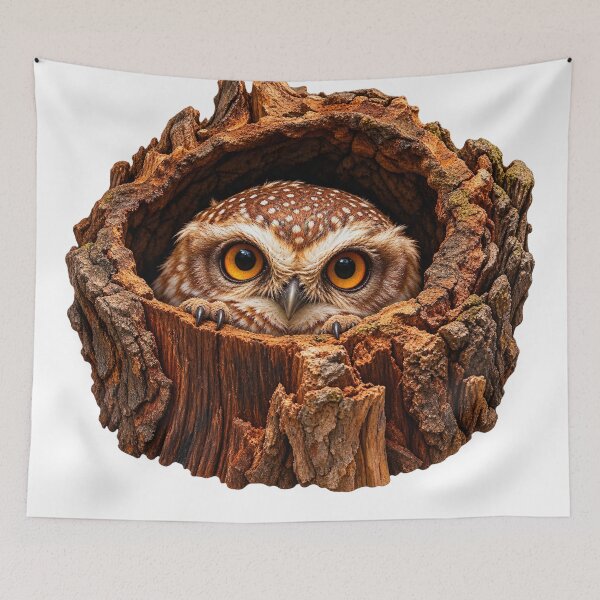 Item preview, Curious Owl Hiding Inside a Hollow Tree Stump Wildlife Art designed and sold by ArtSpark Studio.
