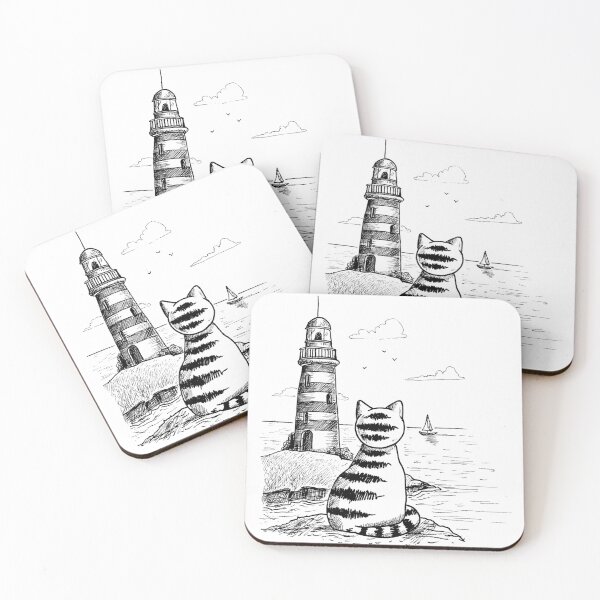 Item preview, Cute Cat Watching Lighthouse by the Sea designed and sold by PatternFablee.
