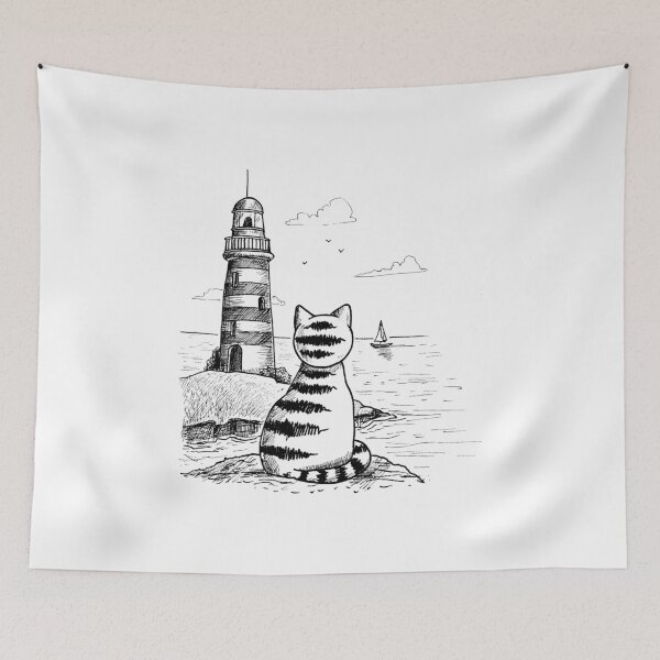 Item preview, Cute Cat Watching Lighthouse by the Sea designed and sold by PatternFablee.