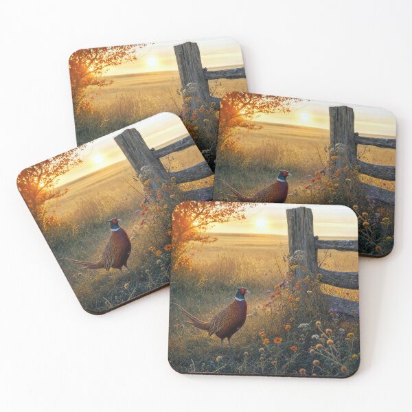 Item preview, Pheasant and Fence in Golden Hour Glow designed and sold by Maria Dryfhout.