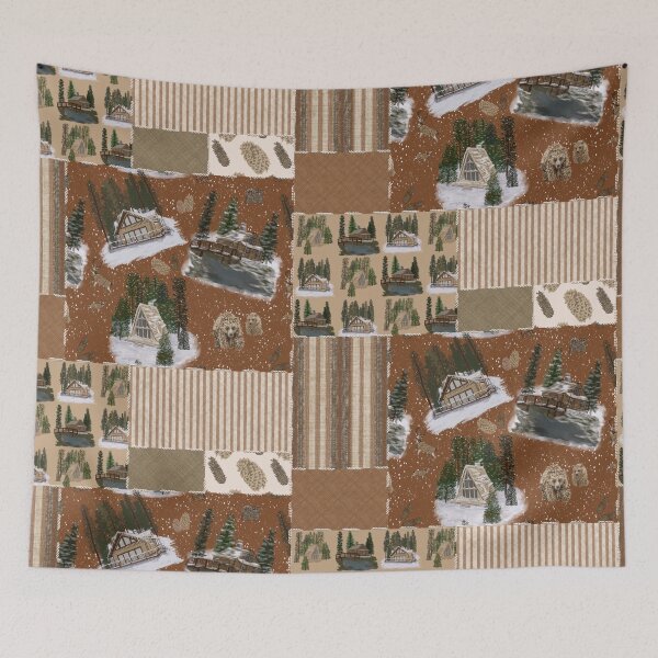 Item preview, Patchwork Revival Cozy Woodland Escape-Cabin Retreats, Evergreen Pines Trees and Woodland Animals designed and sold by Purposely Designed.
