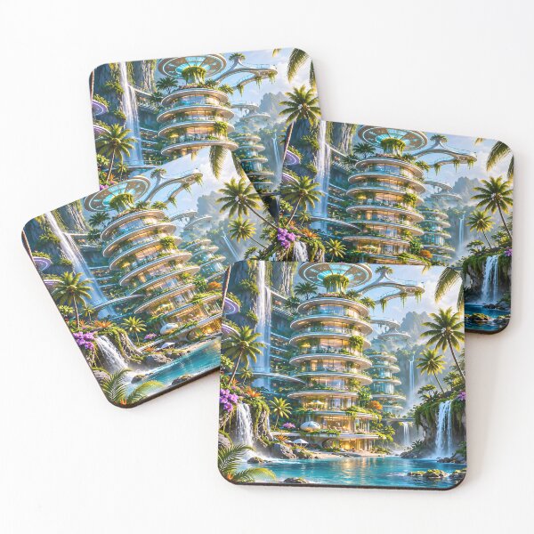 Item preview, Tropical futuristic resort with flowers, birds, sea shells designed and sold by IRON SIREN.