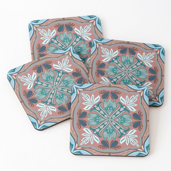 Item preview, Mediterranean Floral Tile Pattern Teal & Dusty Pink  designed and sold by Rukhscreations.
