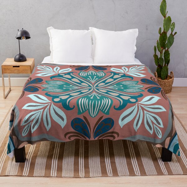 Item preview, Mediterranean Floral Tile Pattern Teal & Dusty Pink designed and sold by Rukhscreations.