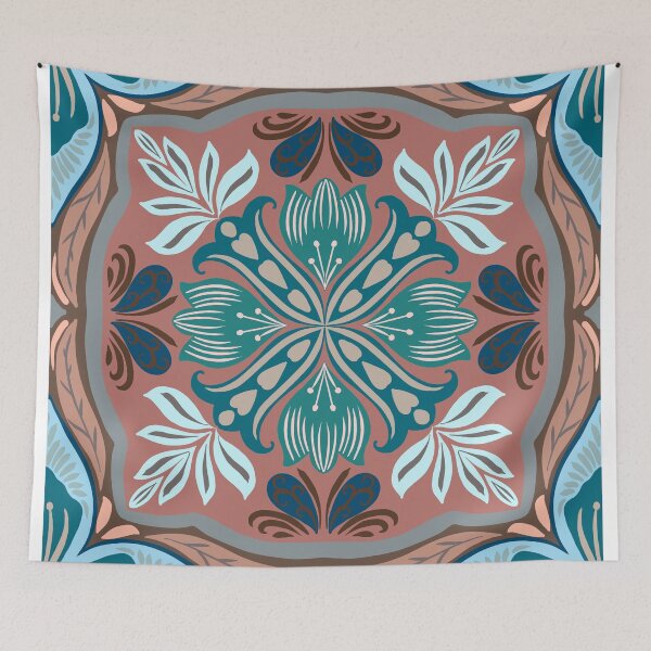 Item preview, Mediterranean Floral Tile Pattern Teal & Dusty Pink  designed and sold by Rukhscreations.
