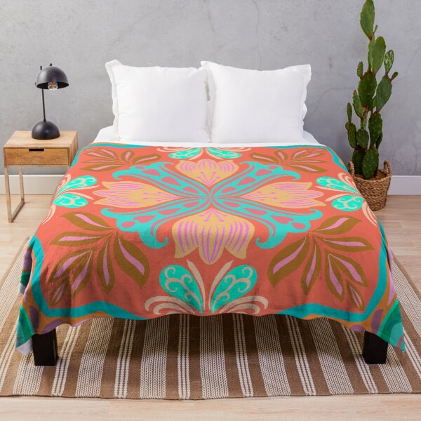 Item preview, Mediterranean Floral Tile Pattern Turquoise & Orange designed and sold by Rukhscreations.