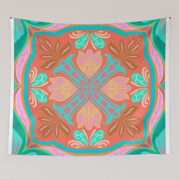Item preview, Mediterranean Floral Tile Pattern Turquoise & Orange  designed and sold by Rukhscreations.