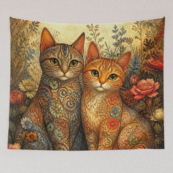 Item preview, Two Cats in Wildflower Garden Folk Art designed and sold by Beyond The Canvas.