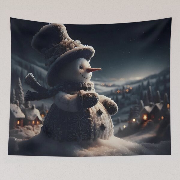 Item preview, Magical Snowman with Top Hat and Scarf in Snowy Night Village. designed and sold by Deepsleepstudio.