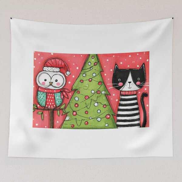 Item preview, A Festive Christmas Owl in a Santa Hat and a Charming Striped Cat Beside a Sparkling Tree designed and sold by OlfactoART Studio.
