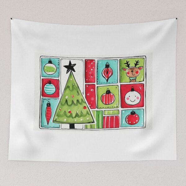 Item preview, Colorful Christmas Tree and Festive Ornaments Grid- Christmas Holiday Art with Bright Baubles and a Charming Reindeer designed and sold by OlfactoART Studio.