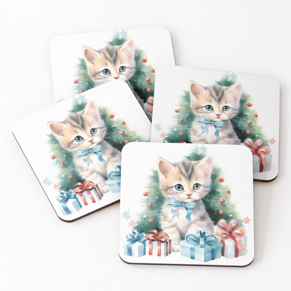 Item preview, Adorable Watercolor Kitten with Blue Bow and Christmas Gifts designed and sold by Deepsleepstudio.