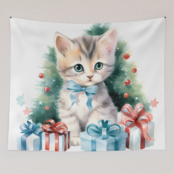 Item preview, Adorable Watercolor Kitten with Blue Bow and Christmas Gifts designed and sold by Deepsleepstudio.
