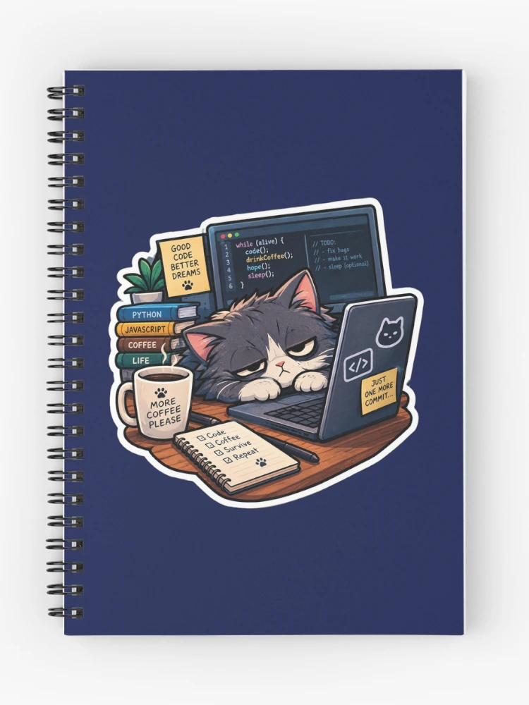 Thumbnail 1 of 3, Journal, Sleepy Programmer Cat Coding Humor designed and sold by MerlinWear.