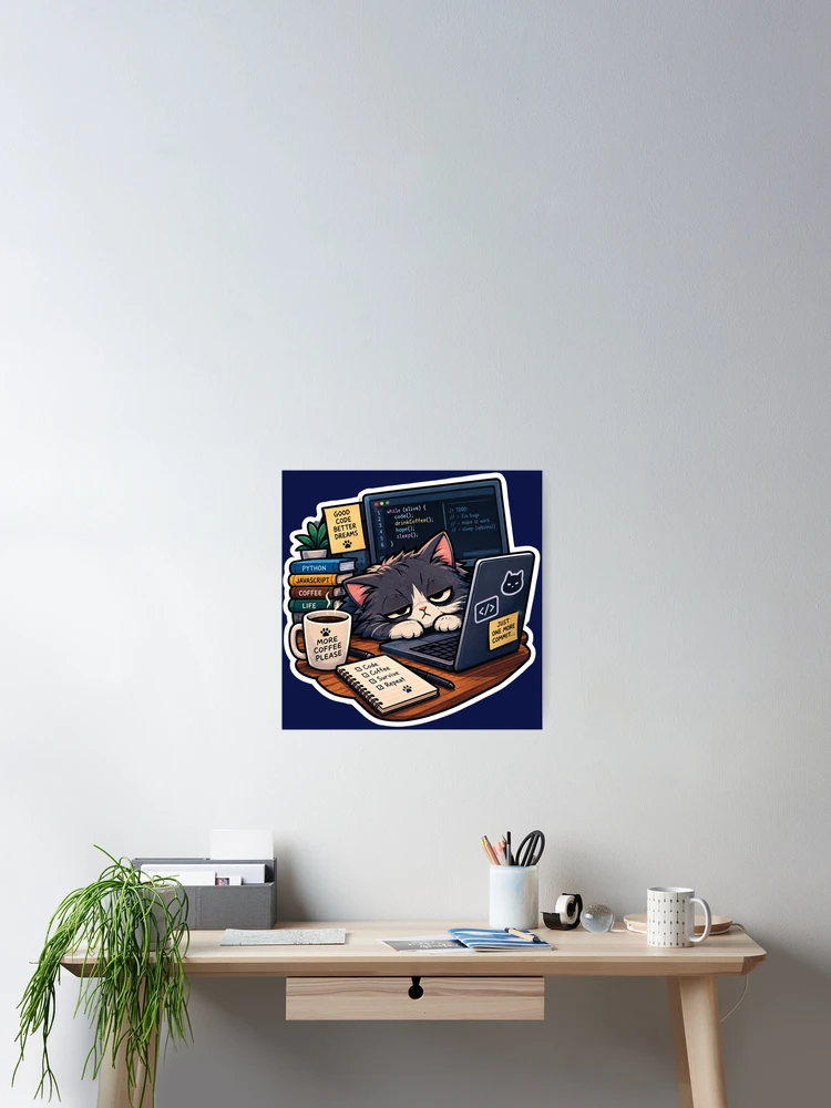 Thumbnail 2 of 3, Poster, Sleepy Programmer Cat Coding Humor designed and sold by MerlinWear.