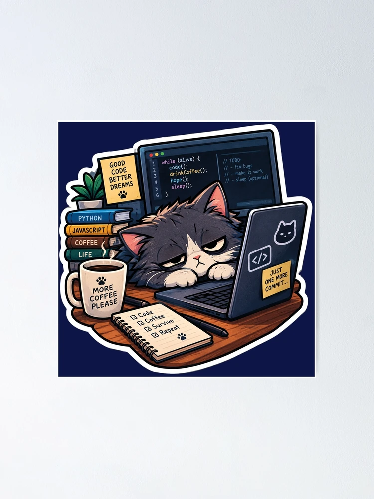 Thumbnail 1 of 3, Poster, Sleepy Programmer Cat Coding Humor designed and sold by MerlinWear.