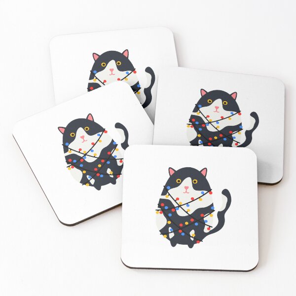 Item preview, Cute Tuxedo Cat Wrapped in Christmas Lights Funny Holiday Art designed and sold by VYBEHAUS.