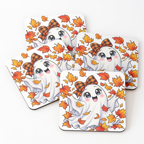 Item preview, Cute Autumn Ghost with Plaid Bow and Leaves designed and sold by RedPandaDawg.