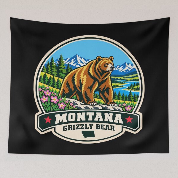 Item preview, Montana Grizzly Bear – Retro Rocky Mountain Wildlife Badge designed and sold by American Fieldmark Studio.