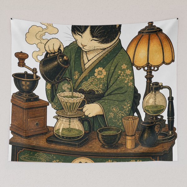 Item preview, Barista Cat Pour Over Green Tea Matcha Japanese Kissaten Retro Ukiyo-e designed and sold by vekotpu.