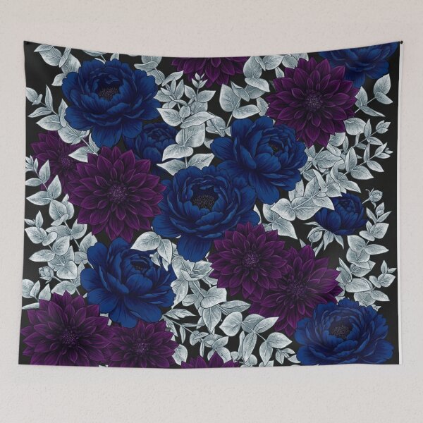Item preview, Dark Floral Botanical Pattern with Deep Blue Peonies and Purple Dahlias designed and sold by Owcomm.