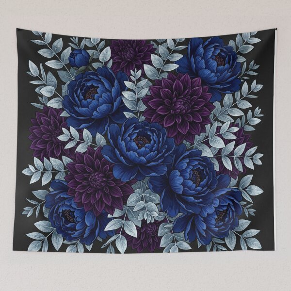 Item preview, Dark Royal Blue Peonies and Purple Dahlias Floral designed and sold by Owcomm.