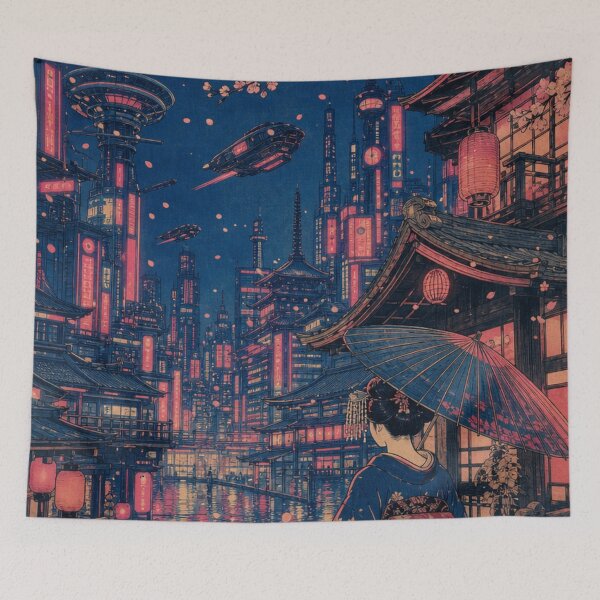 Item preview, Cyberpunk Tokyo Night Geisha Sakura Moon Sci-Fi Japanese Ukiyo-e designed and sold by vekotpu.