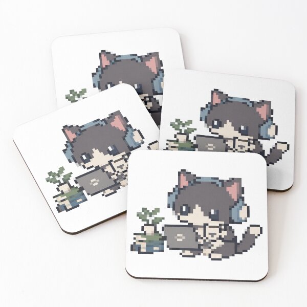 Item preview, Snug Tuxedo Kitten with Headphones Sipping Coffee by a Laptop and Potted Plant — Cozy Dot Art Design designed and sold by fozero Pixel.