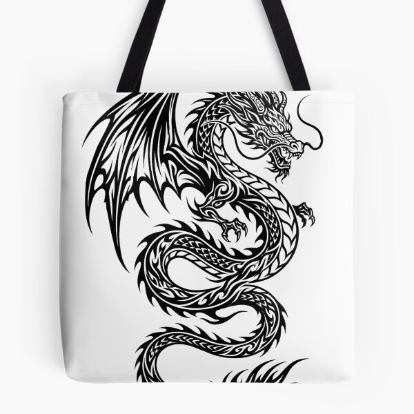Item preview, Eastern Winged Dragon Tattoo – Ornate Tribal Whisker Dragon Long Tail Black Ink Illustration designed and sold by DragonSerpent Ink.