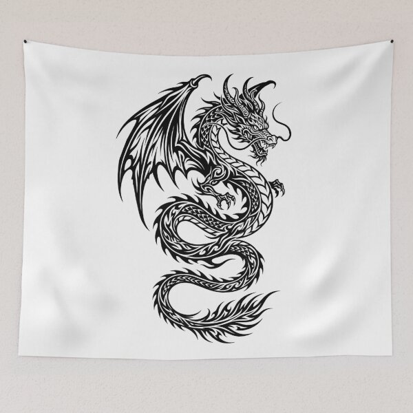 Item preview, Eastern Winged Dragon Tattoo – Ornate Tribal Whisker Dragon Long Tail Black Ink Illustration designed and sold by DragonSerpent Ink.