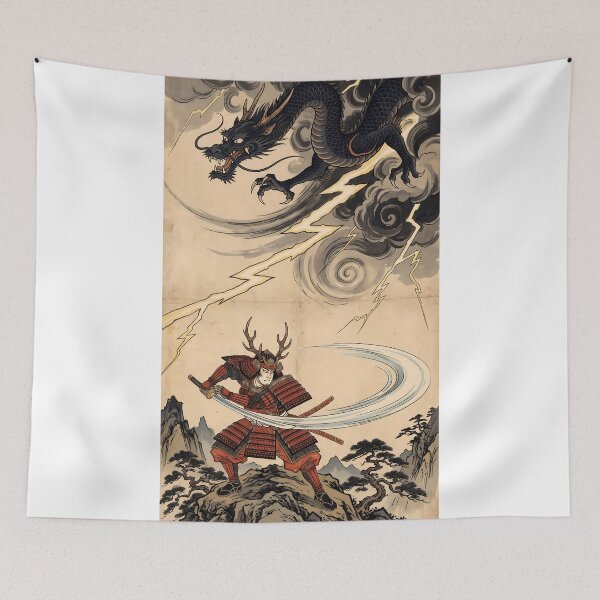 Item preview, Samurai Drawing Sword Against Storm Dragon designed and sold by TokyoUkiyoHouse.