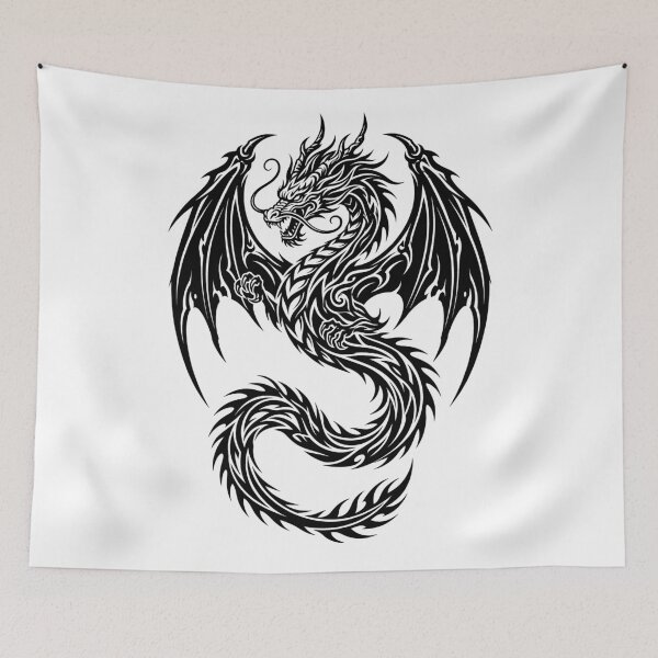 Item preview, Whisker Dragon with Fists Tribal Tattoo – Bold Black Winged Eastern Dragon Flame Tail Art designed and sold by DragonSerpent Ink.