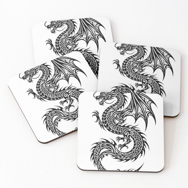 Item preview, Scaled Eastern Dragon Tattoo – Tribal Winged Whisker Dragon Fish Scale Black Ink Art designed and sold by DragonSerpent Ink.