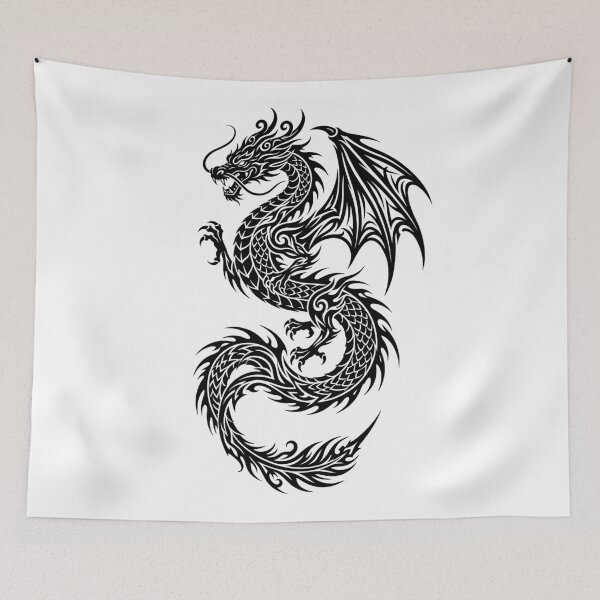Item preview, Scaled Eastern Dragon Tattoo – Tribal Winged Whisker Dragon Fish Scale Black Ink Art designed and sold by DragonSerpent Ink.