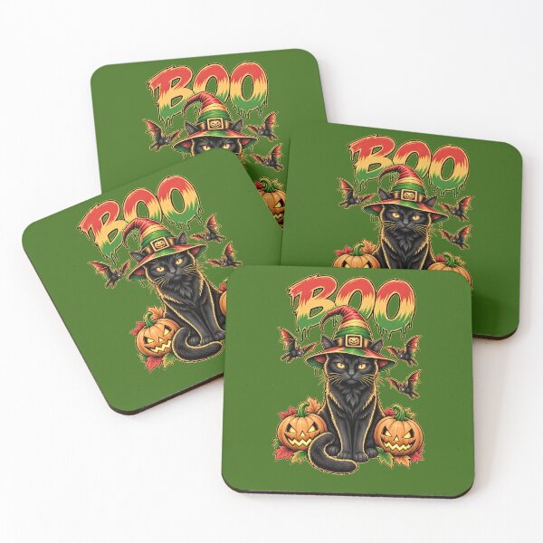 Item preview, BOO Black Witch Cat with Pumpkins – Red Gold Green Halloween designed and sold by digitalbob60.