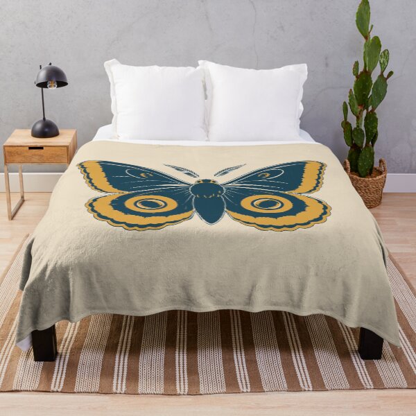 Item preview, Emperor Moth Linocut Art – Petrol Blue and Mustard Moth Block Print Cushion designed and sold by In A Word | One-Word Tees & Gifts.