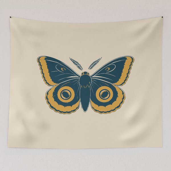 Item preview, Emperor Moth Linocut Art – Petrol Blue and Mustard Moth Block Print Cushion designed and sold by In A Word | One-Word Tees & Gifts.