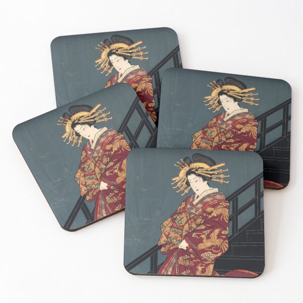 Item preview, Oiran Courtesan Descending Wooden Stairs with Camellias designed and sold by TokyoUkiyoHouse.