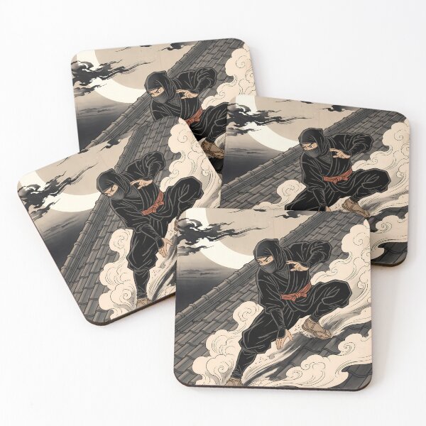 Item preview, Ninja Sliding on Tiled Roof Under Crescent Moon designed and sold by TokyoUkiyoHouse.