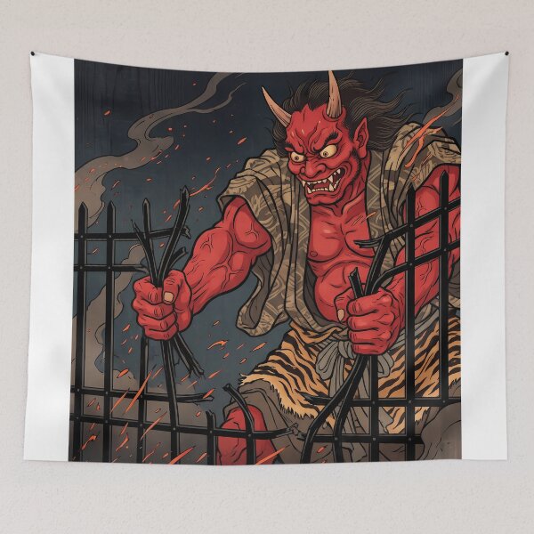 Item preview, Fierce Red Oni Breaking Iron Fence in Sparks designed and sold by TokyoUkiyoHouse.
