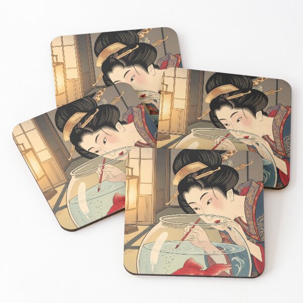 Item preview, Geisha Painting Beside Round Goldfish Glass Bowl designed and sold by TokyoUkiyoHouse.
