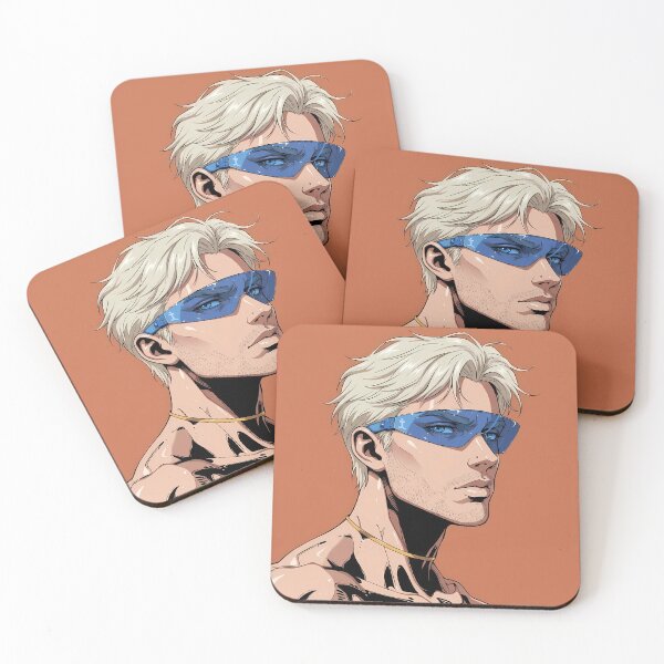 Item preview, Blonde Cyberpunk Man Blue Visor Retro Anime Portrait Orange Art designed and sold by Virtuoussignal.