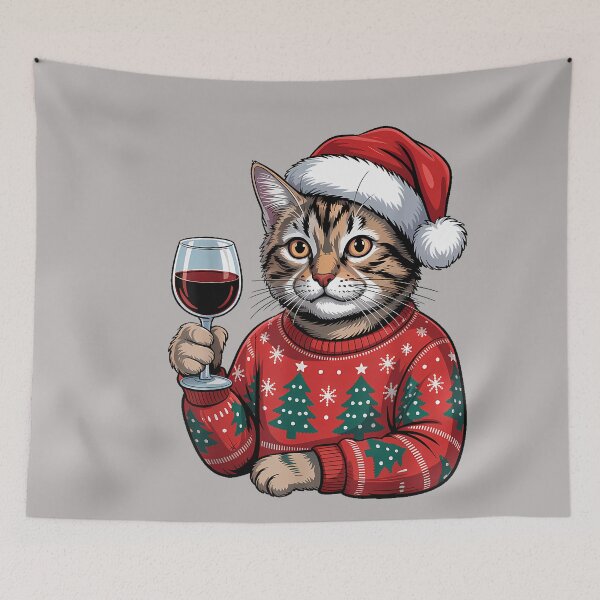 Item preview, Santa Cat with Wine Glass Ugly Xmas Sweater designed and sold by GreggRoss.